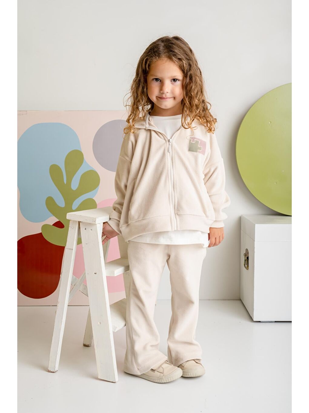 Ekru Kız Çocuk Kapüşonlu Fermuarlı Polar İkili Takım - Krem-3