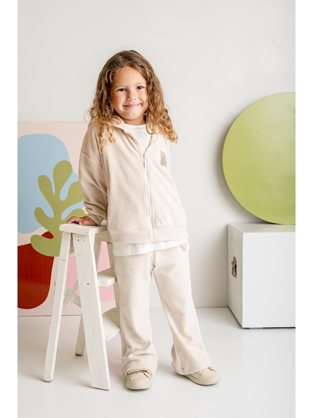 Ekru Kız Çocuk Kapüşonlu Fermuarlı Polar İkili Takım - Krem-4