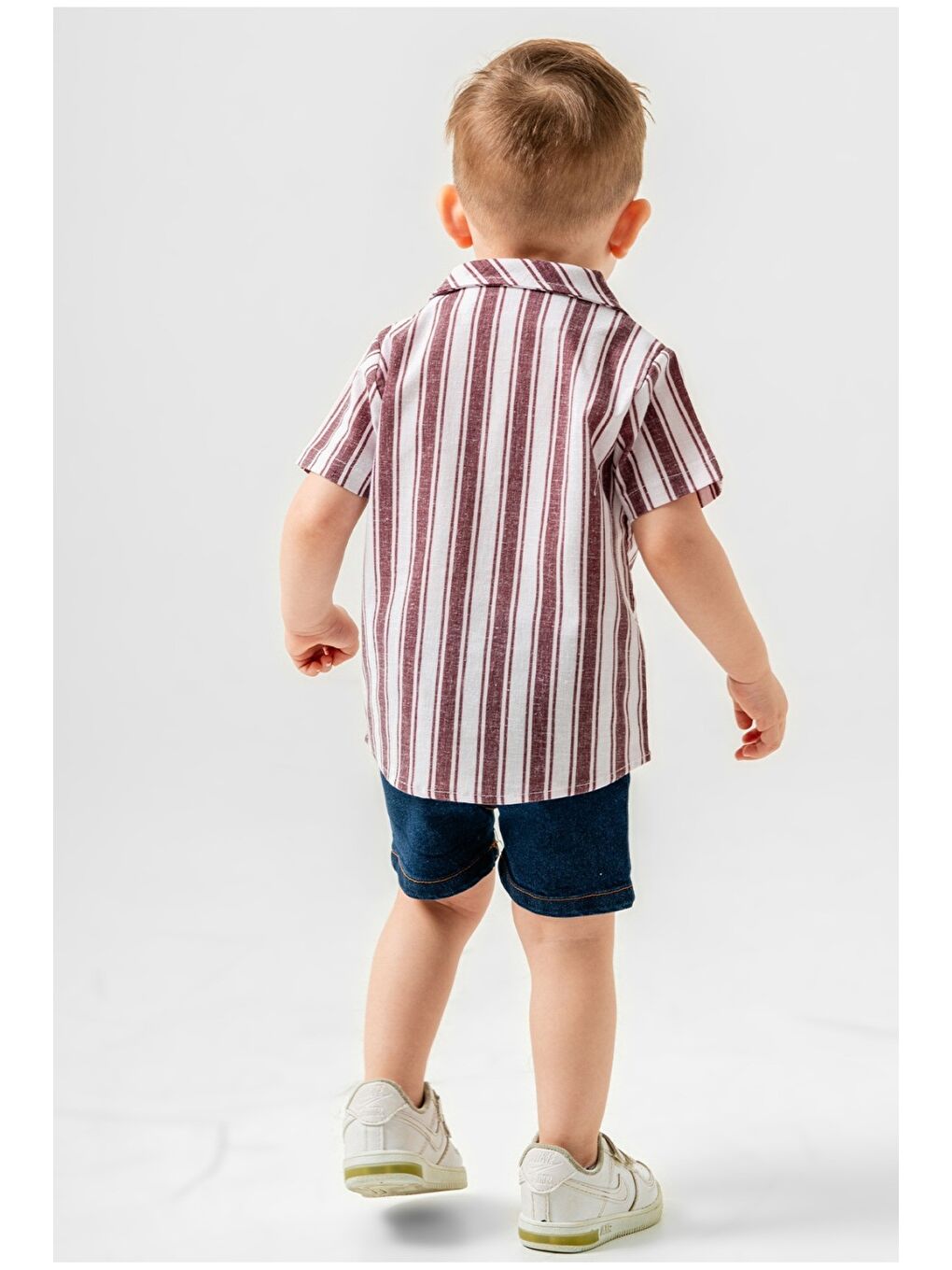 Bordo Erkek Bebek Çizgili Gömlek Jean Şort Takım-1
