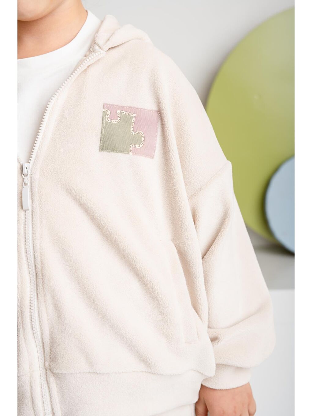 Ekru Kız Çocuk Kapüşonlu Fermuarlı Polar İkili Takım - Krem-5