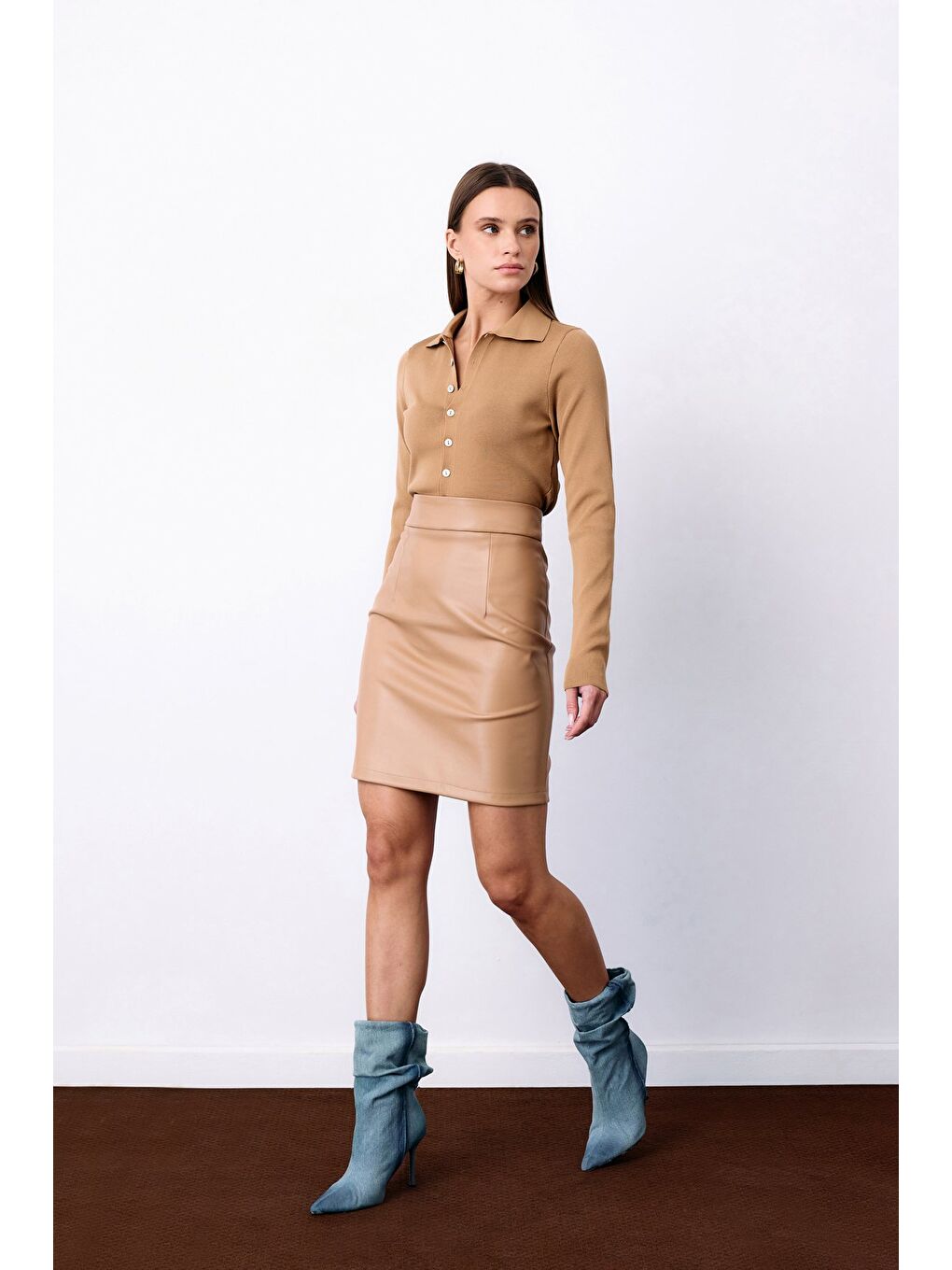 Kahverengi Şardonlu Deri Etek - Camel-1