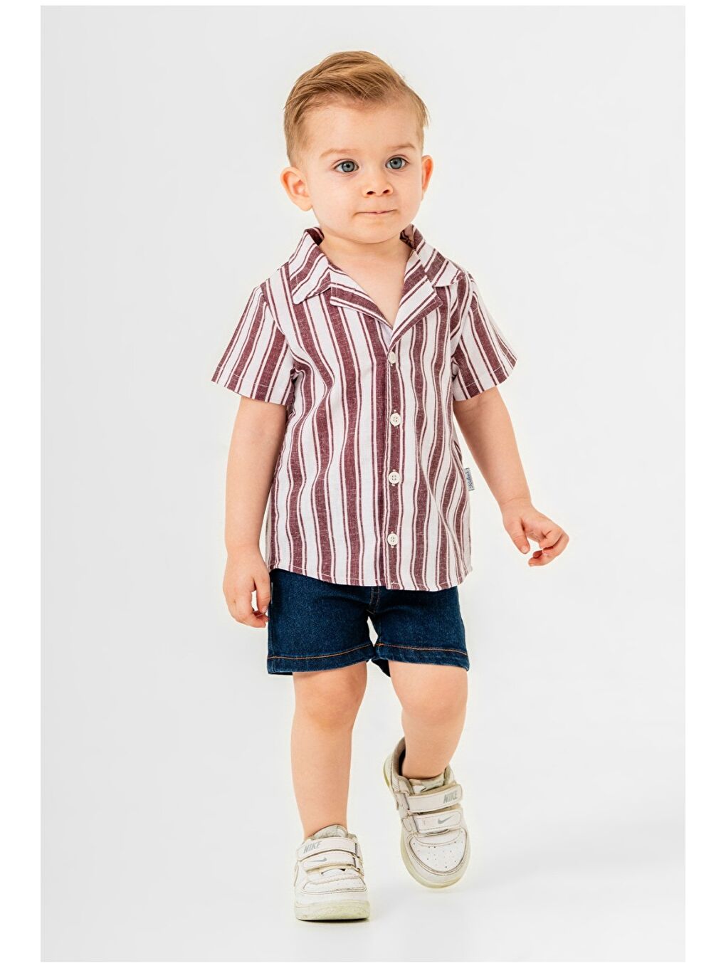 Bordo Erkek Bebek Çizgili Gömlek Jean Şort Takım-2