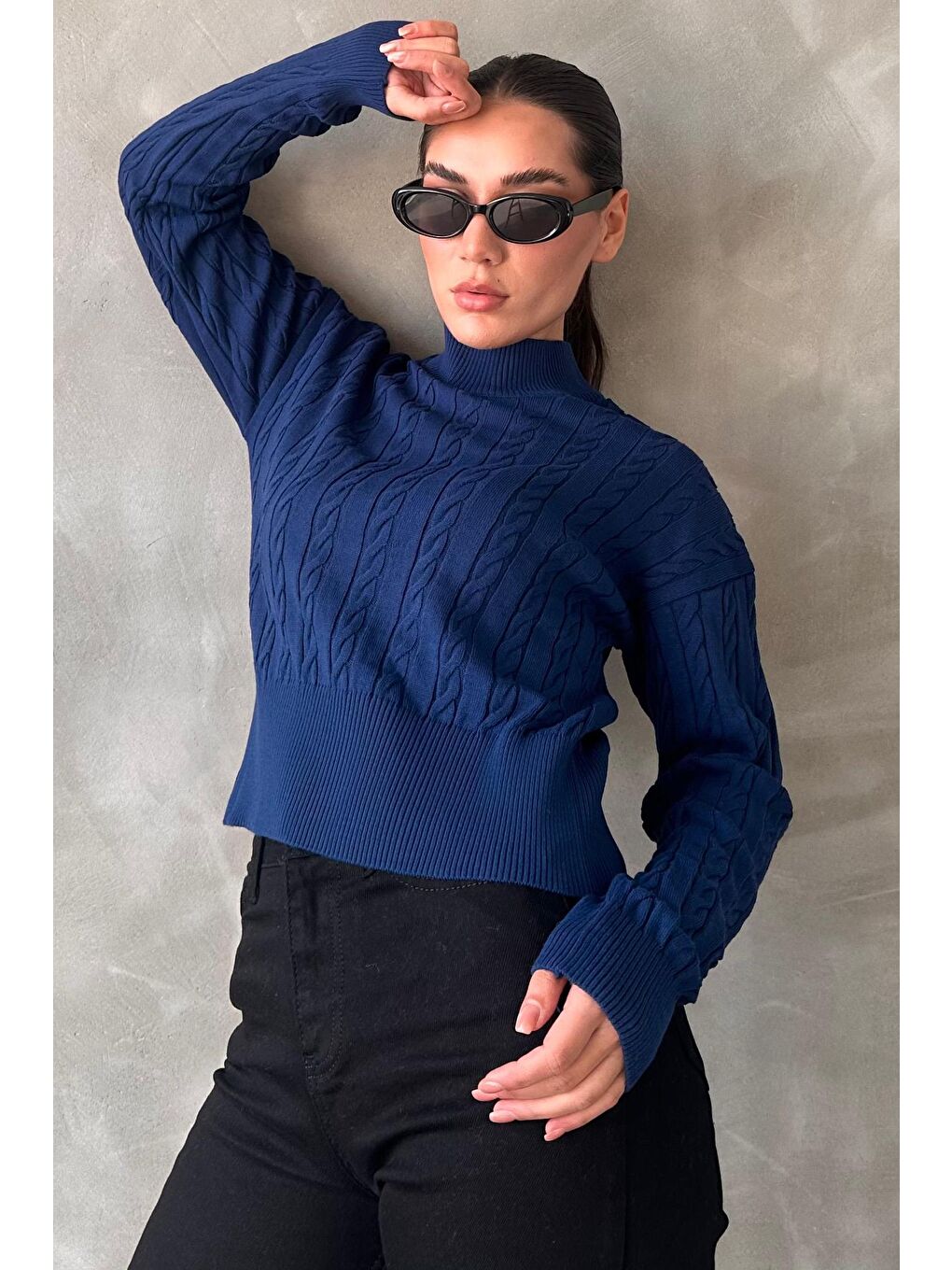 İndigo Yarım Balıkçı Yaka Örgülü Triko Kadın Kazak Mg2257