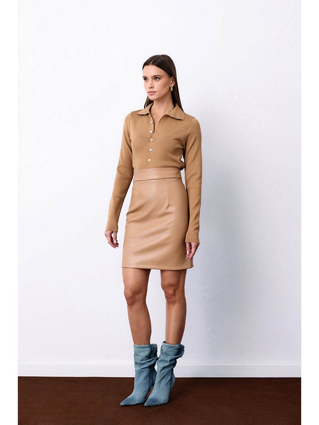 Kahverengi Şardonlu Deri Etek - Camel-2