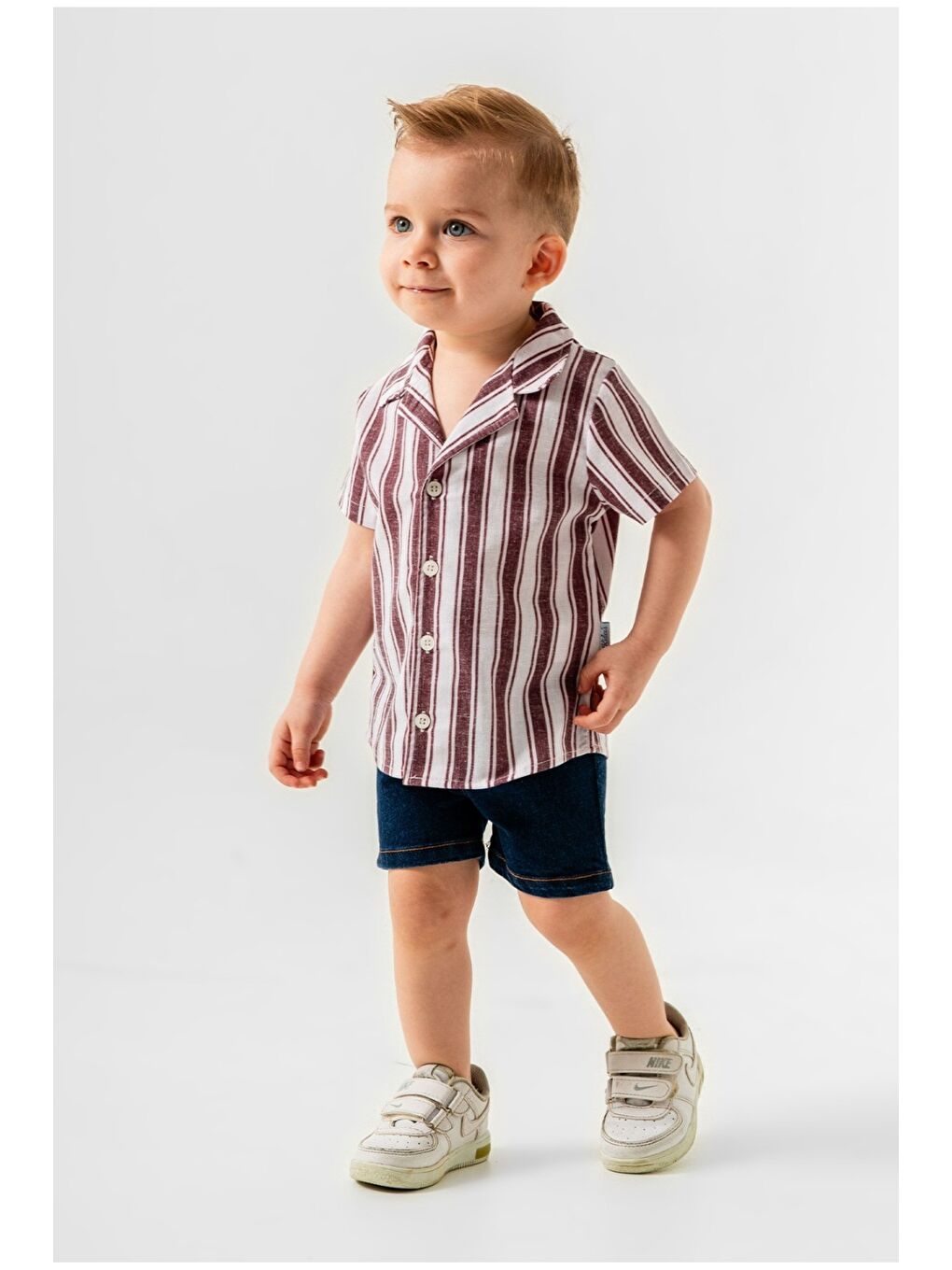 Bordo Erkek Bebek Çizgili Gömlek Jean Şort Takım-3