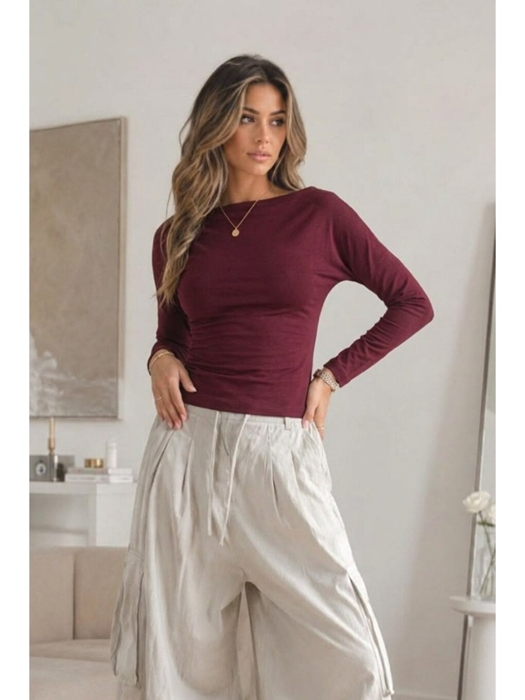 Bordo Kadın Kayık Yaka Basic Dar 3 Lü Bluz-3