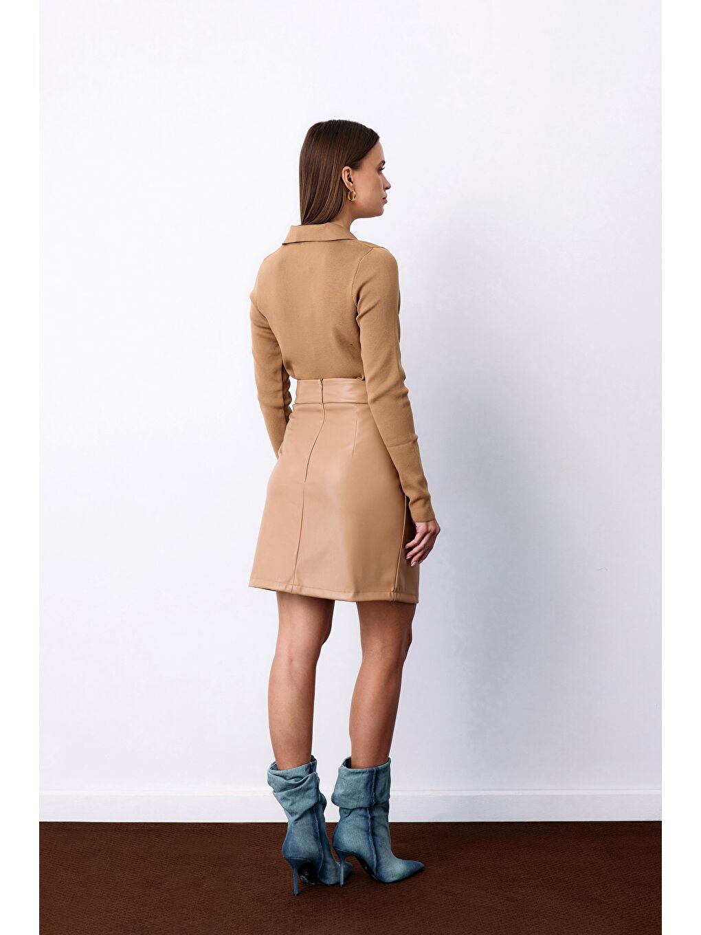 Kahverengi Şardonlu Deri Etek - Camel-4