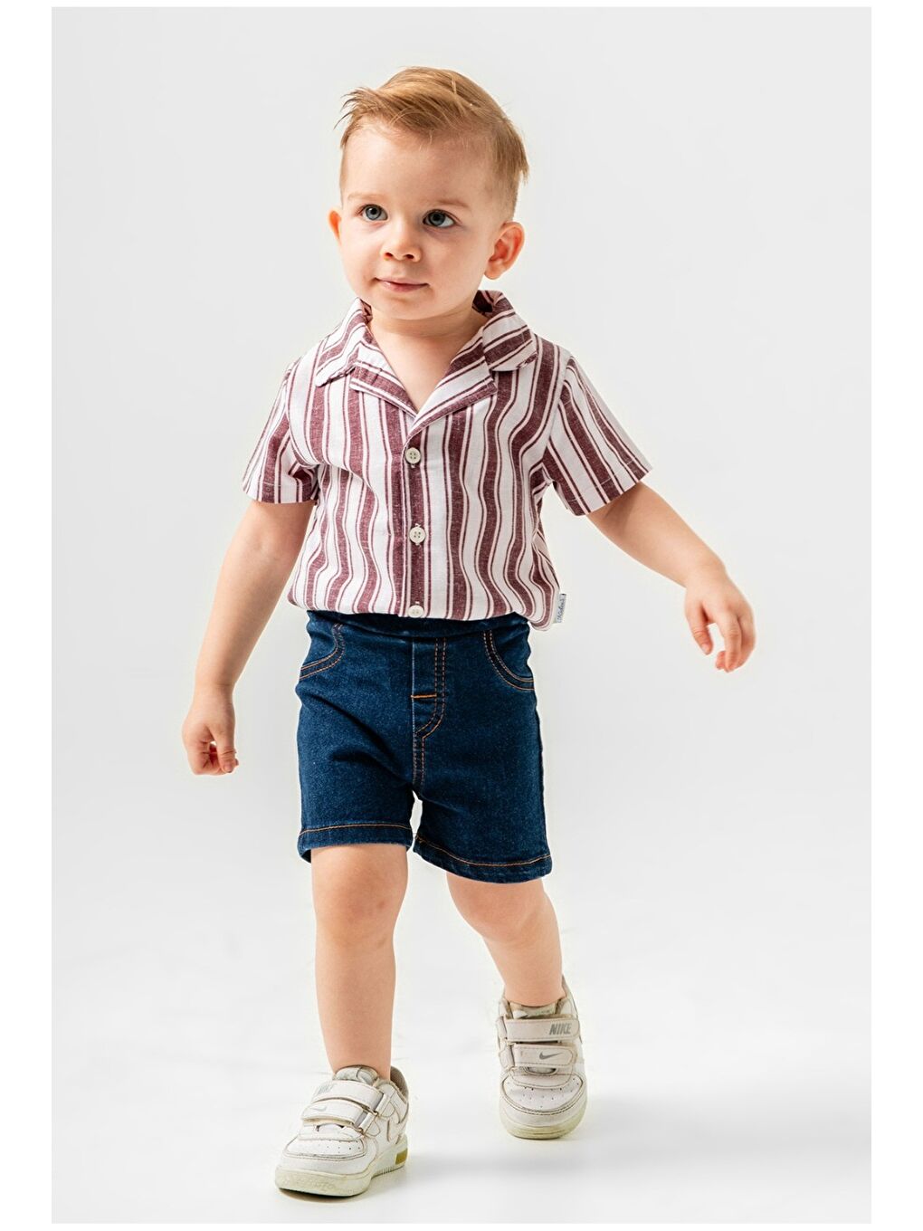 Bordo Erkek Bebek Çizgili Gömlek Jean Şort Takım-4