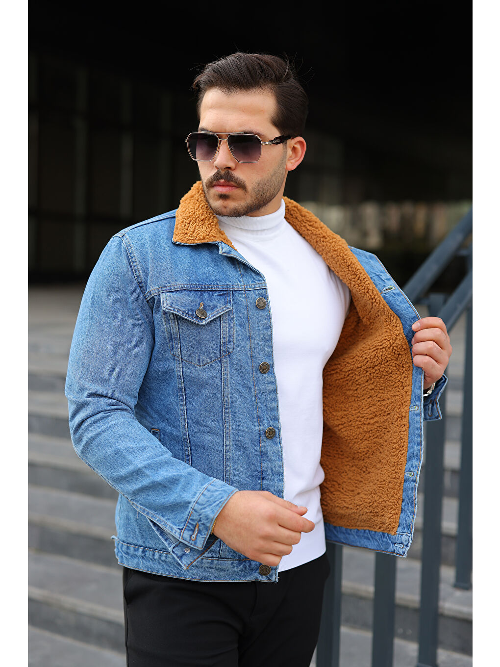 Sarı Erkek Trend Kışlık Içi Kürklü Jean Ceket-2