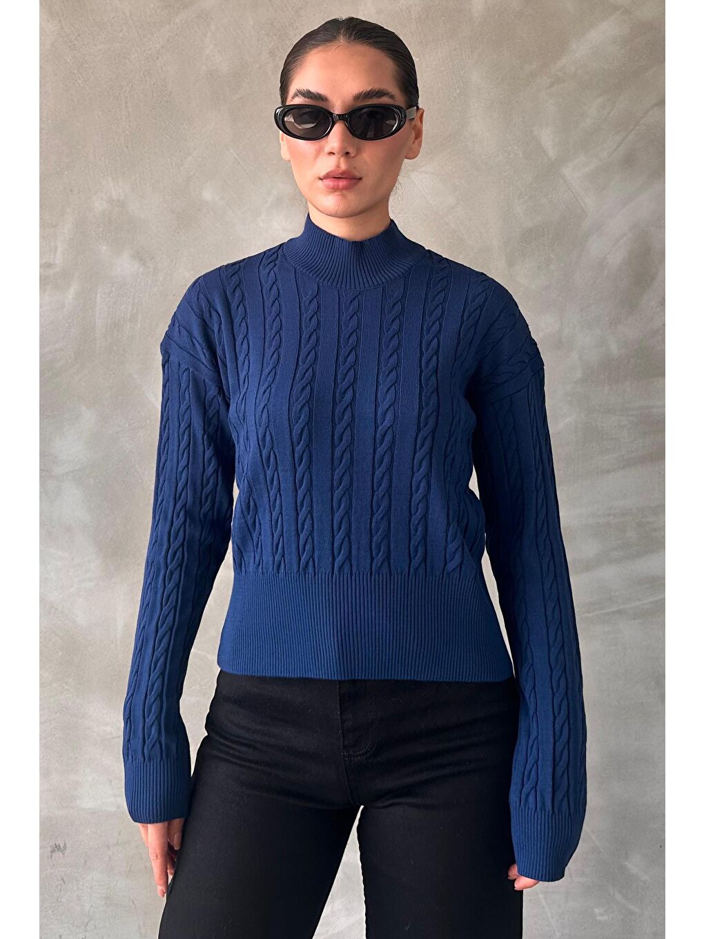 İndigo Yarım Balıkçı Yaka Örgülü Triko Kadın Kazak Mg2257-1