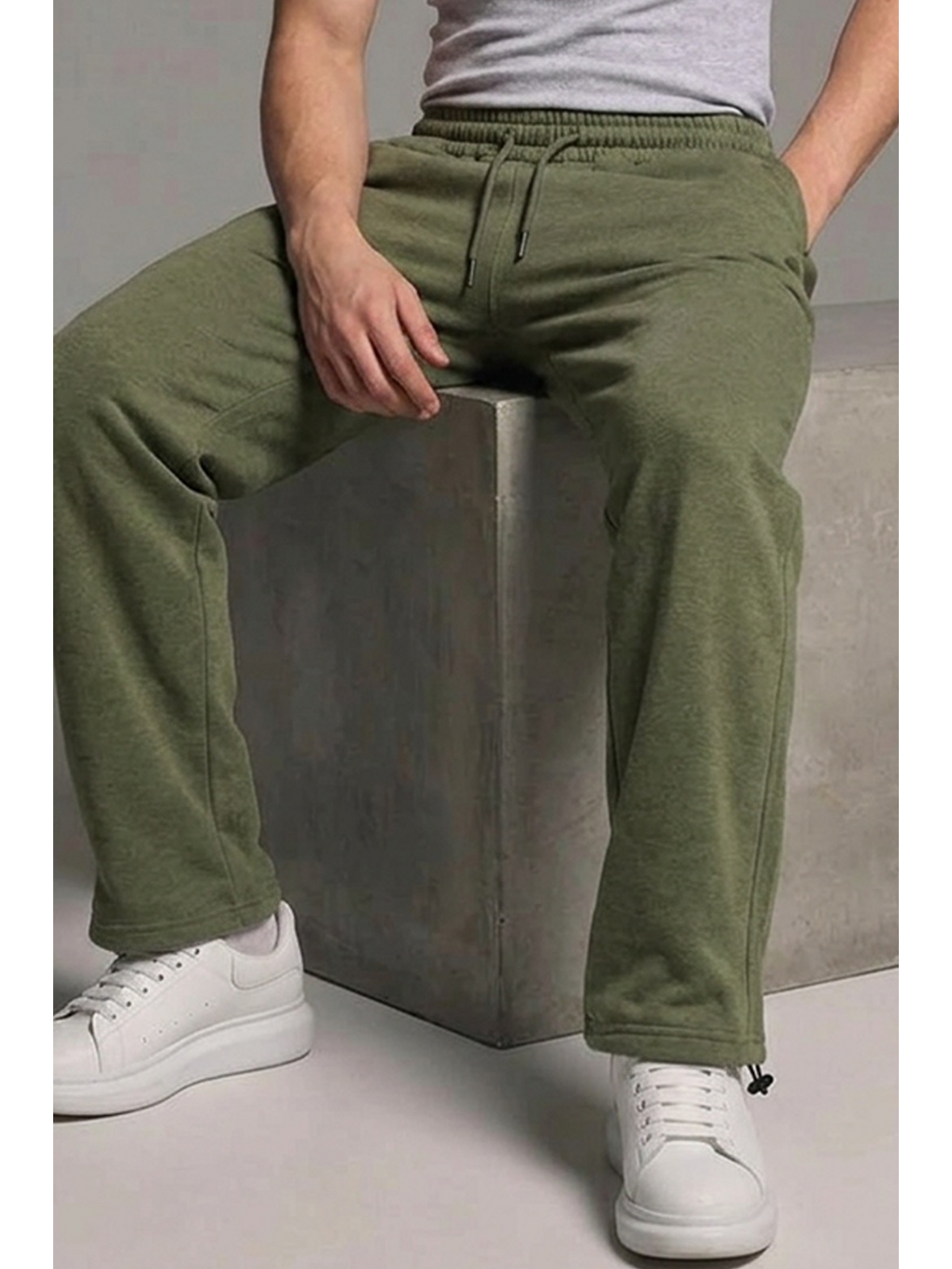 Erkek Beli Lastikli Bol Paça Haki Eşofman Altı-5