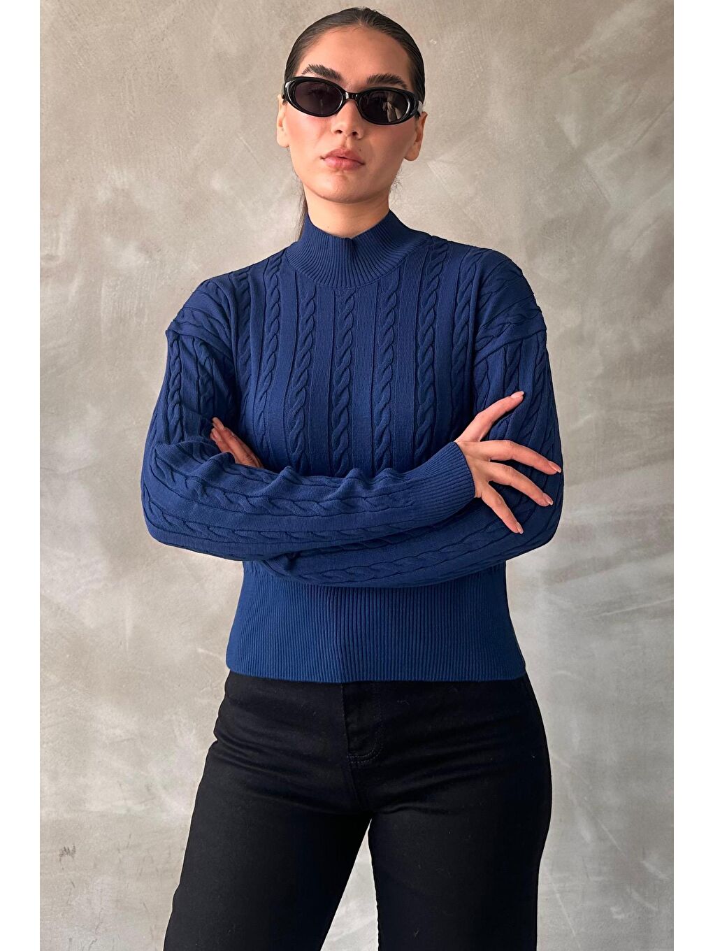 İndigo Yarım Balıkçı Yaka Örgülü Triko Kadın Kazak Mg2257-2
