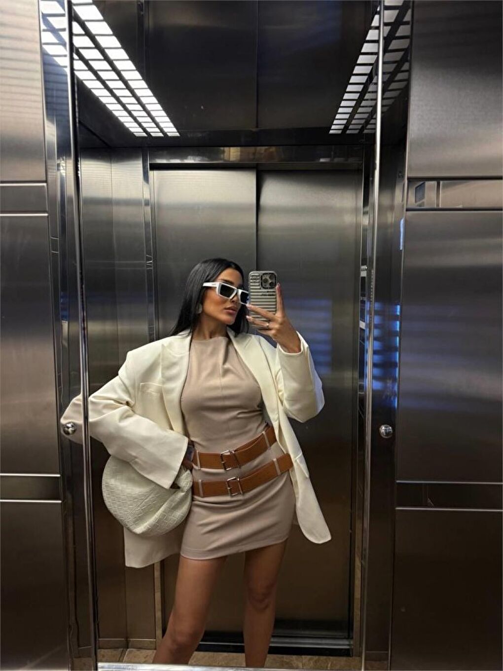 POLYVİSCON ÇİFT KEMER DETAYLI ELBİSE - Bej-1