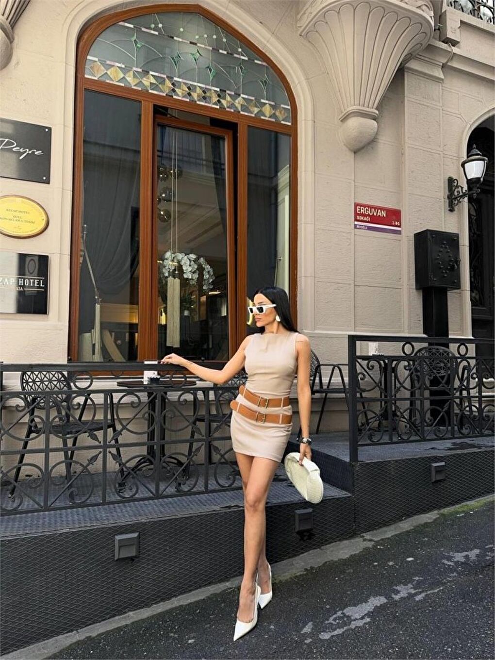 POLYVİSCON ÇİFT KEMER DETAYLI ELBİSE - Bej-2