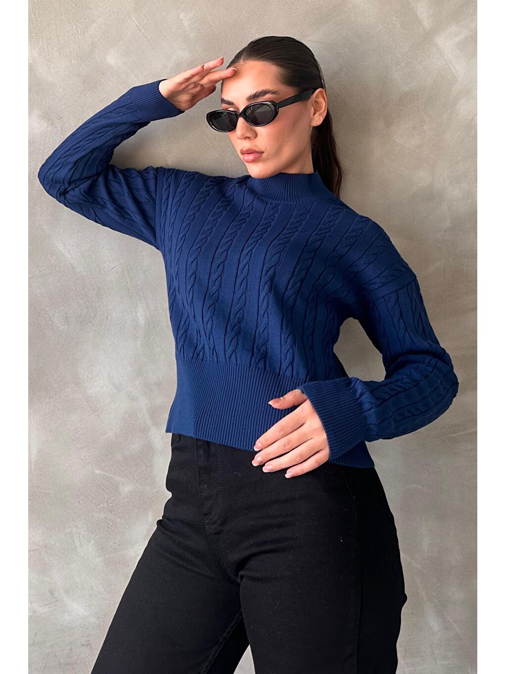 İndigo Yarım Balıkçı Yaka Örgülü Triko Kadın Kazak Mg2257-3