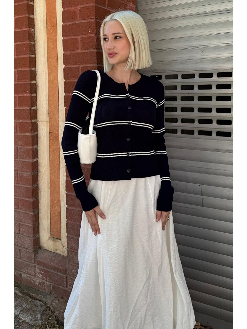 Lacivert Çizgili Kadın Triko Hırka Mg2481