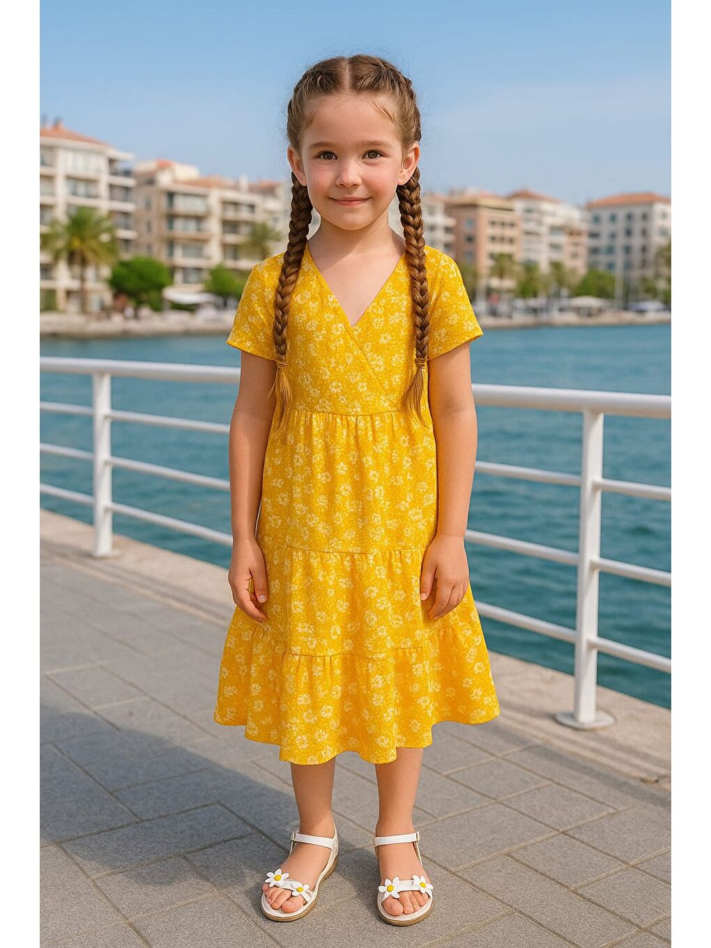 Sarı Bürümcük Kumaş Kız Çocuk Elbise-1