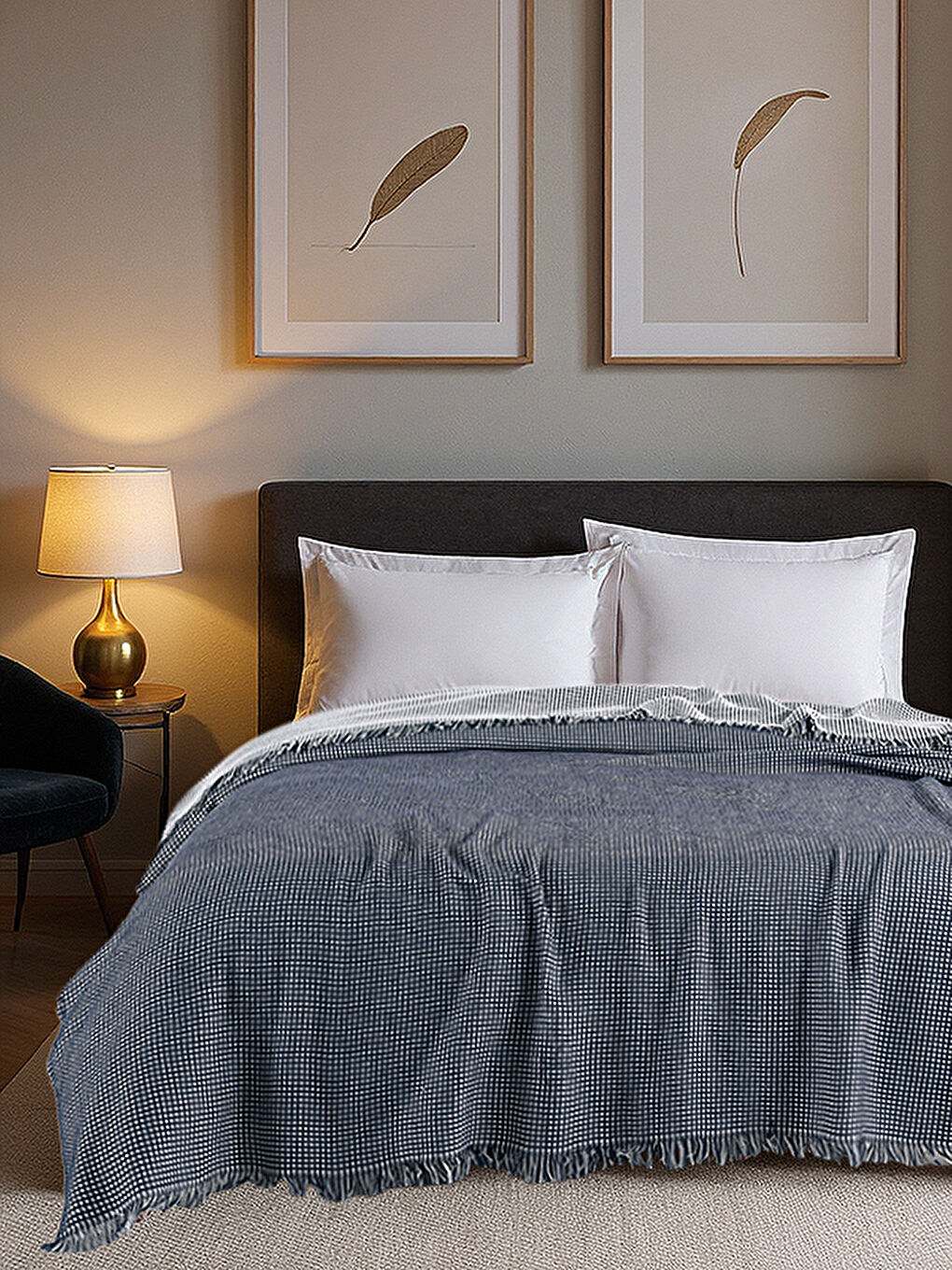 Çift Kişilik Pike Örtüsü Waffle Dokulu Lacivert