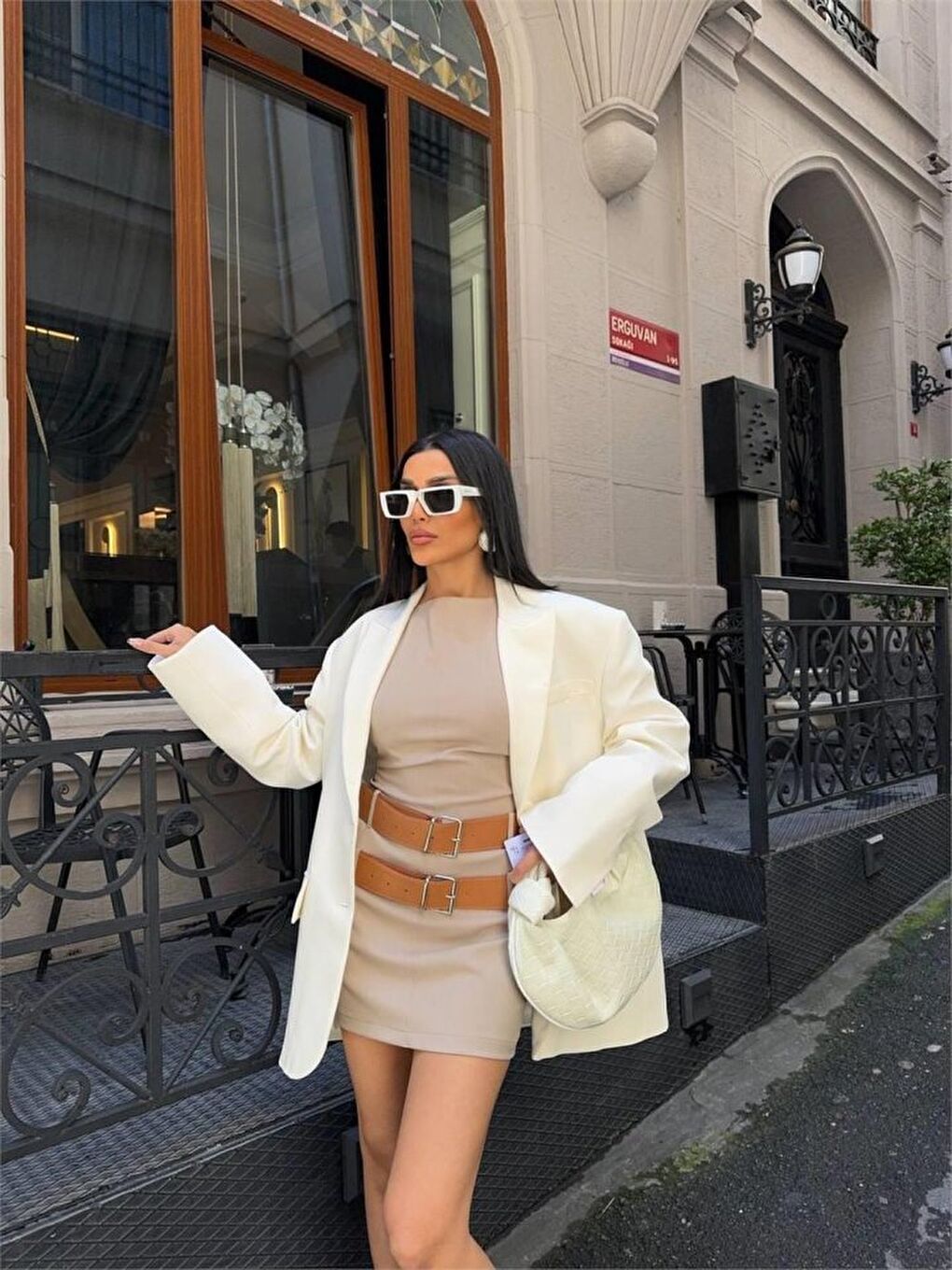 POLYVİSCON ÇİFT KEMER DETAYLI ELBİSE - Bej-3