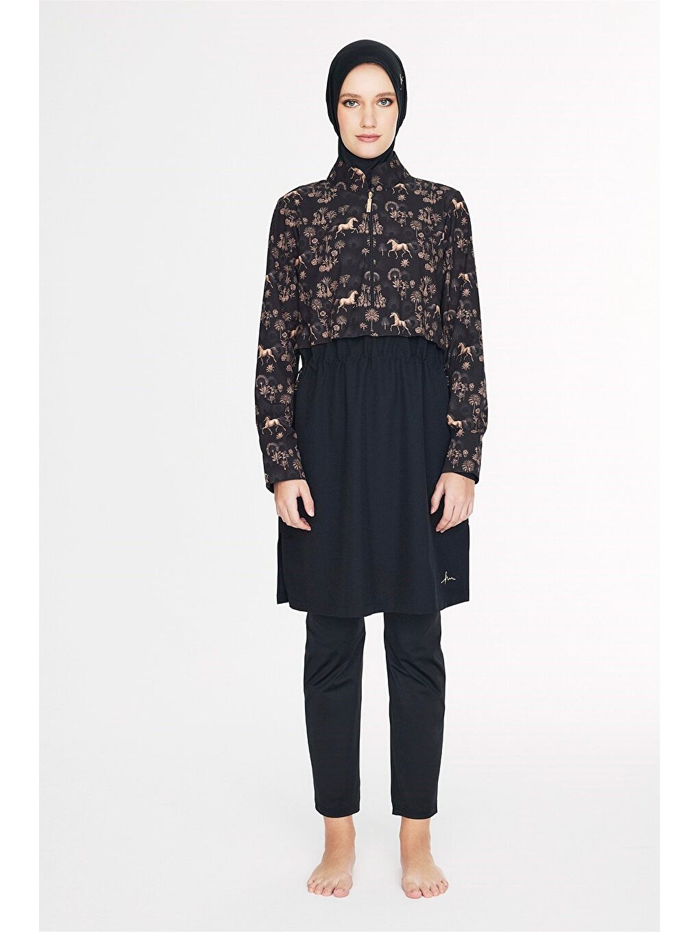 Vaha Koleksiyonu Desenli Siyah 5 Parça Tam Tesettür Mayo Takımı 6035-2
