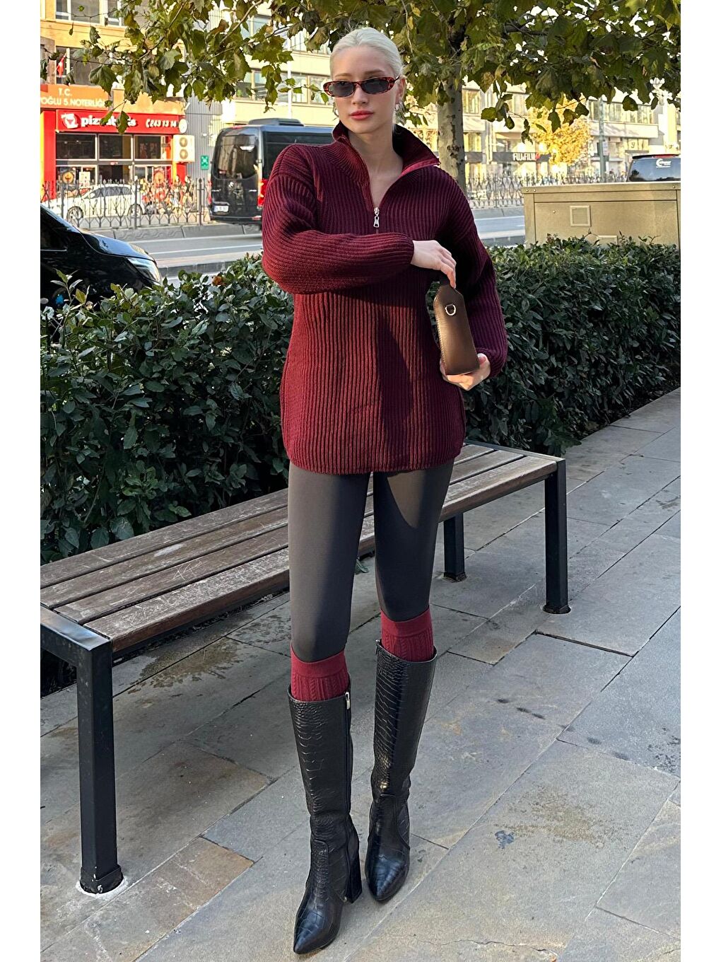 Bordo Fermuar Yaka Basic Kazak Mg1960-5