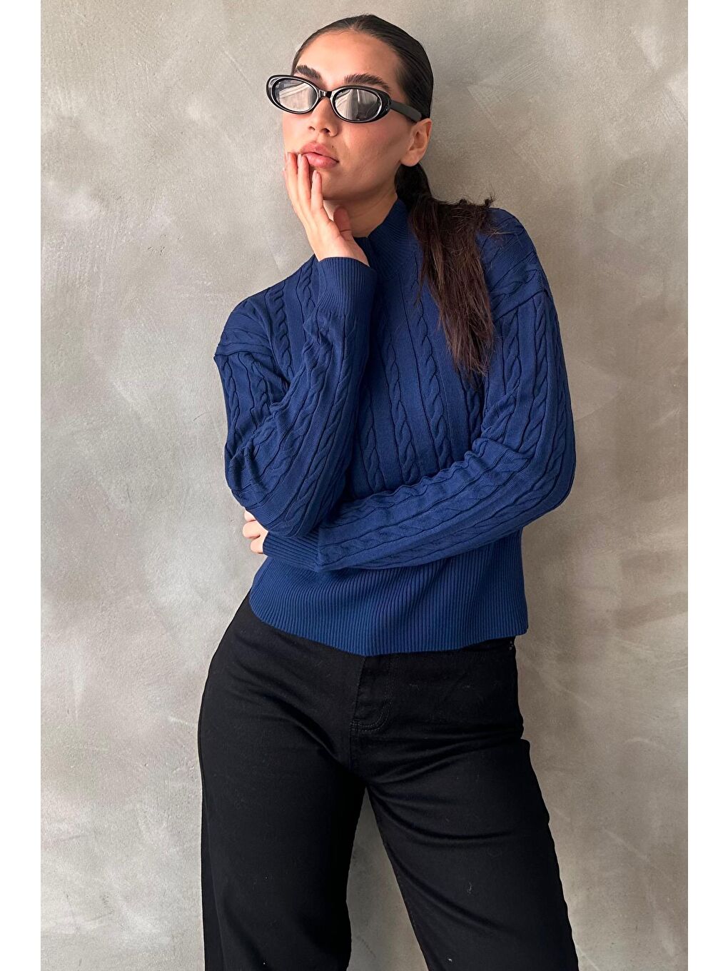 İndigo Yarım Balıkçı Yaka Örgülü Triko Kadın Kazak Mg2257-4