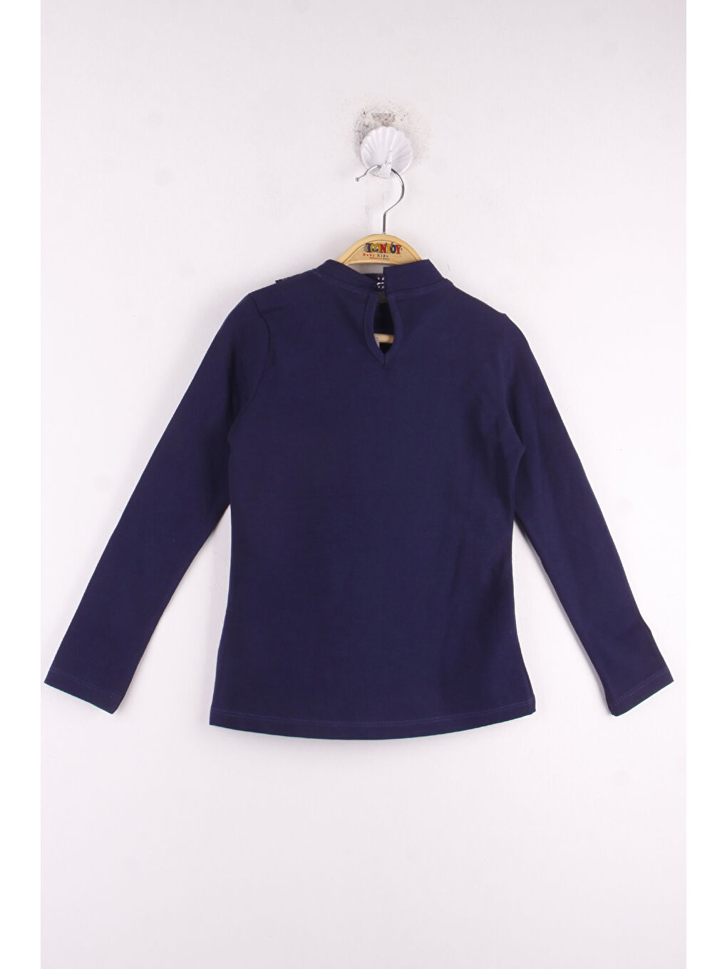 Lacivert Kız Çocuk Dik Yaka Uzun Kollu Taş İşlemeli Tişört-1