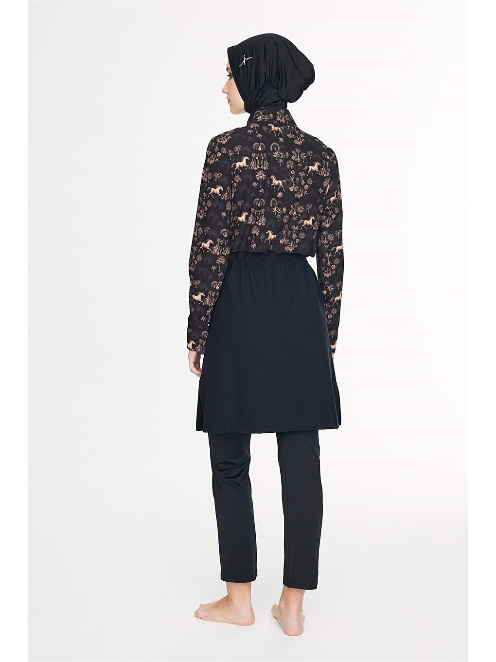 Vaha Koleksiyonu Desenli Siyah 5 Parça Tam Tesettür Mayo Takımı 6035-3