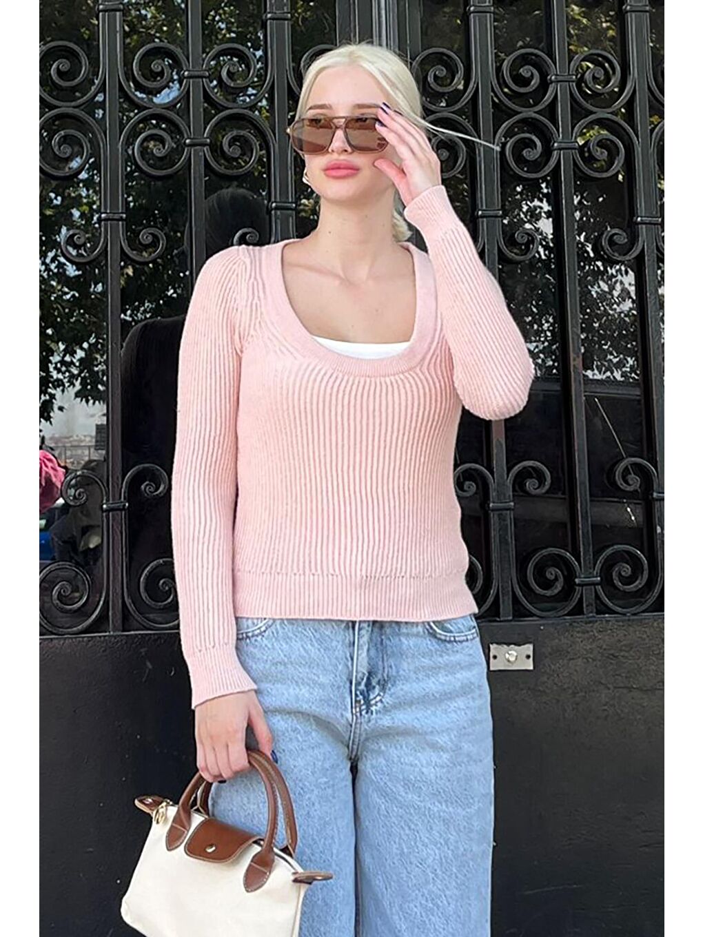 Pembe Pudra Bisiklet Yaka Basic Örme Kazak Mg2189-1