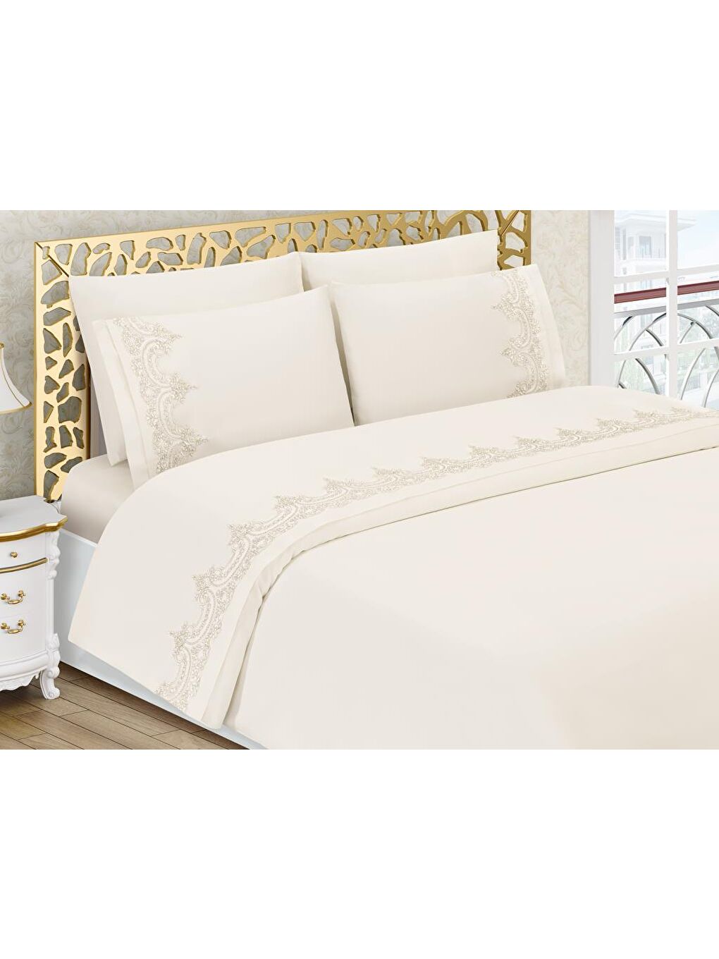 Ekru Şevval Fransız Güpürlü Çeyizlik Nevresim Takımı Krem