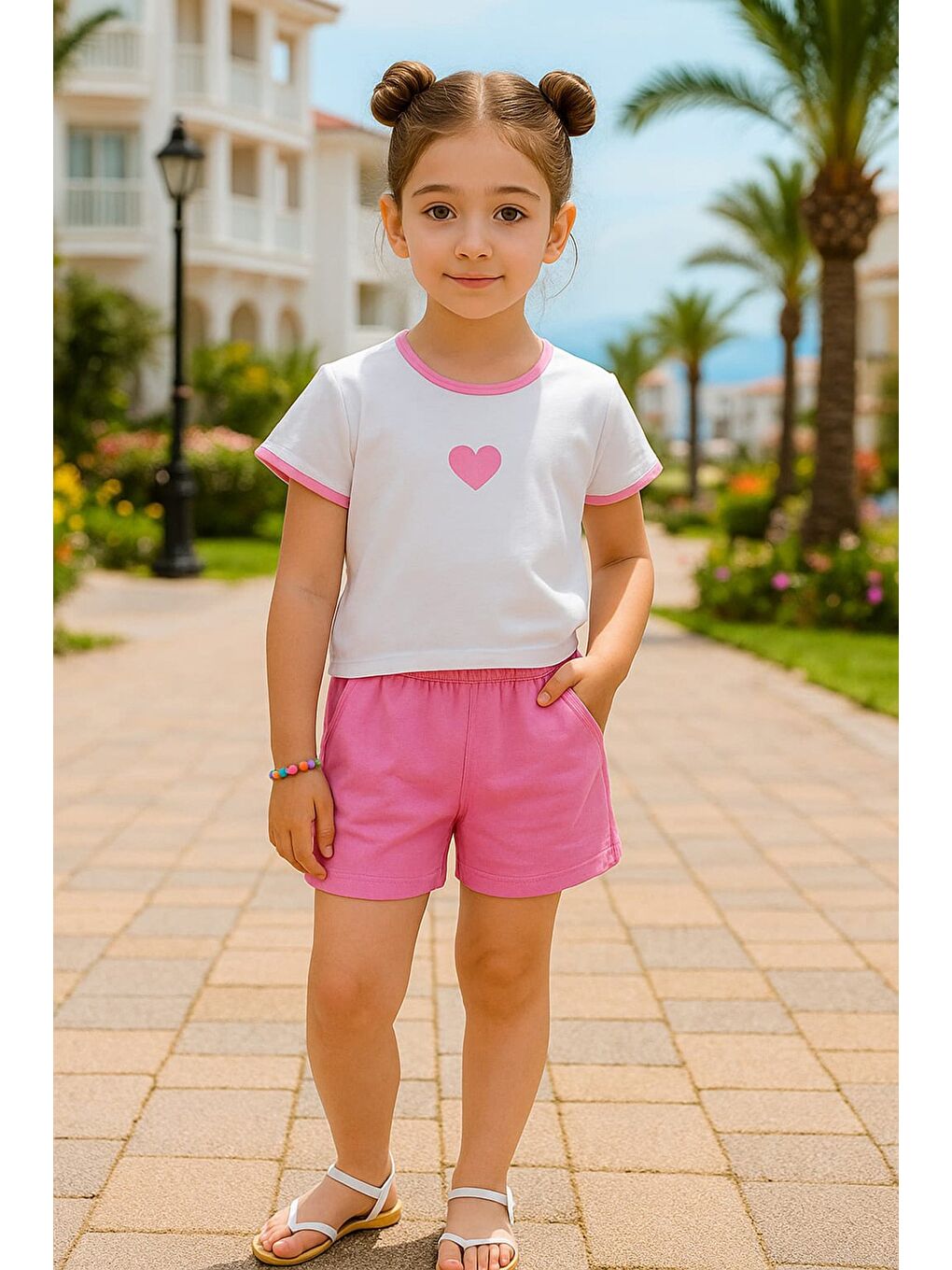 Pembe Kalp Baskılı Ribanalı Kız Çocuk Şortlu Takım-1