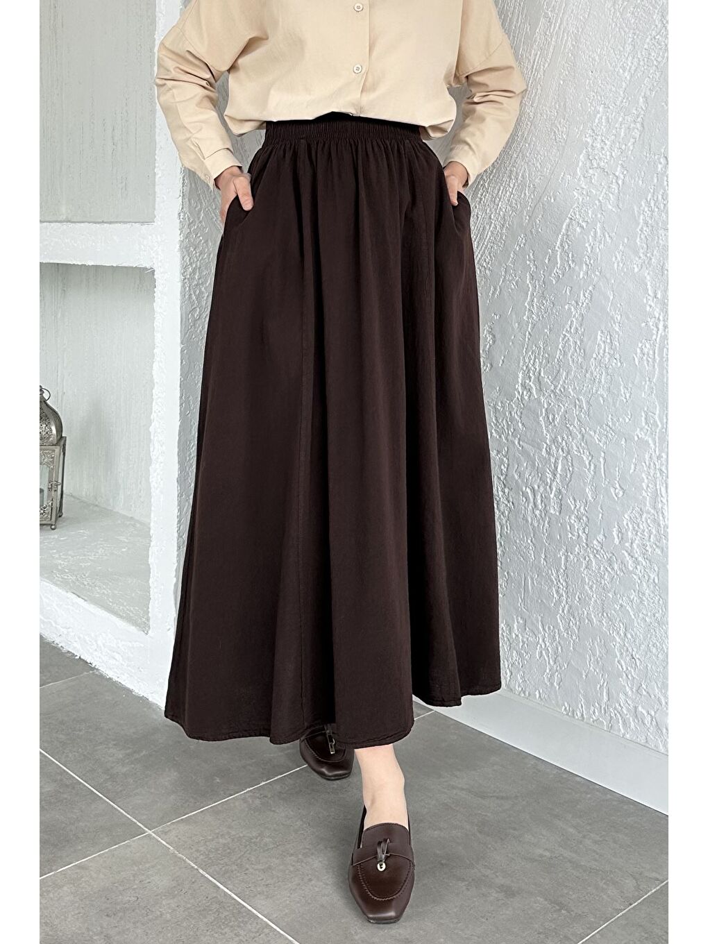 Kahverengi Bel Lastikli Cepli Tesettür Etek-3