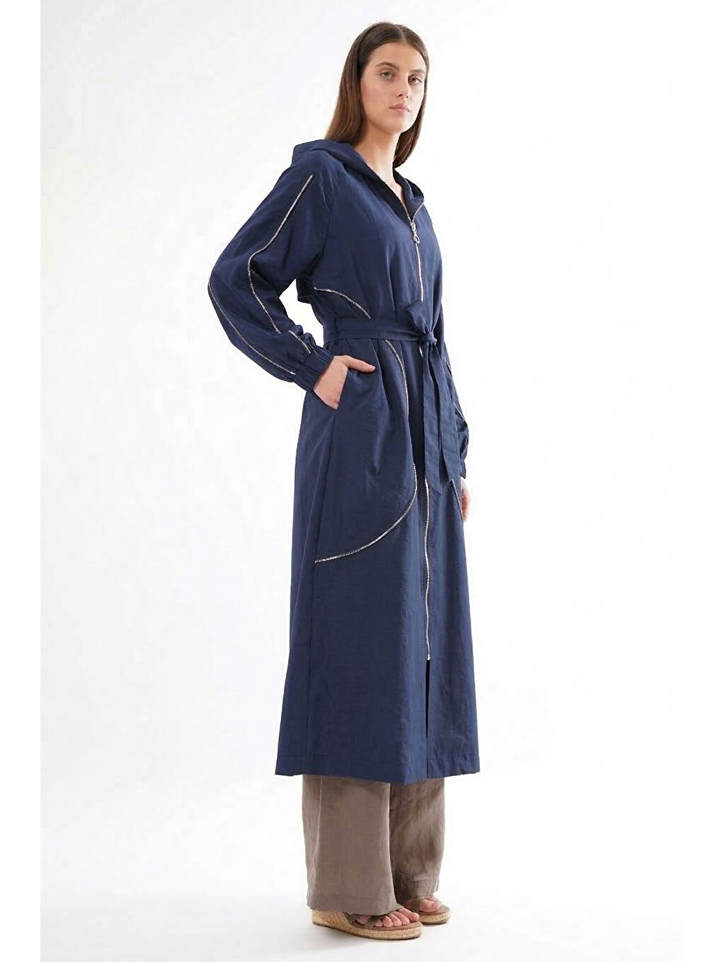 Kolu ve Önü Fermuar Detaylı Kapüşonlu Safari Kap Ceket 816 Lacivert-1