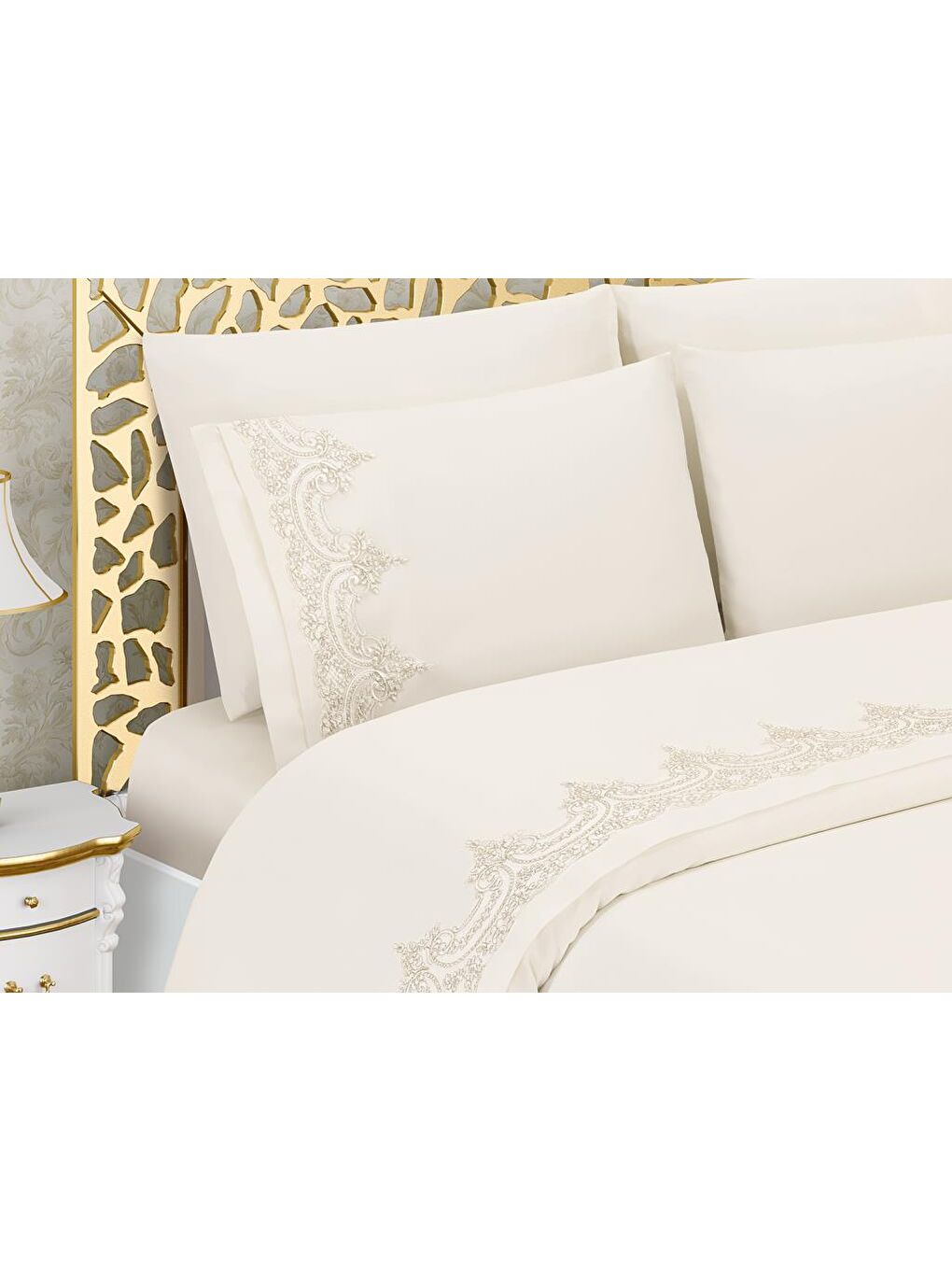 Ekru Şevval Fransız Güpürlü Çeyizlik Nevresim Takımı Krem-1