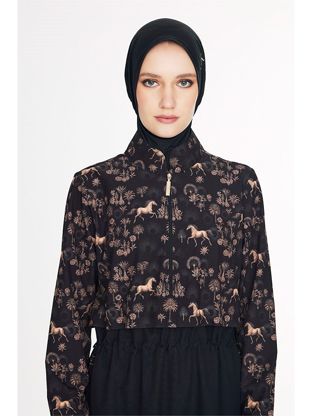Vaha Koleksiyonu Desenli Siyah 5 Parça Tam Tesettür Mayo Takımı 6035-5