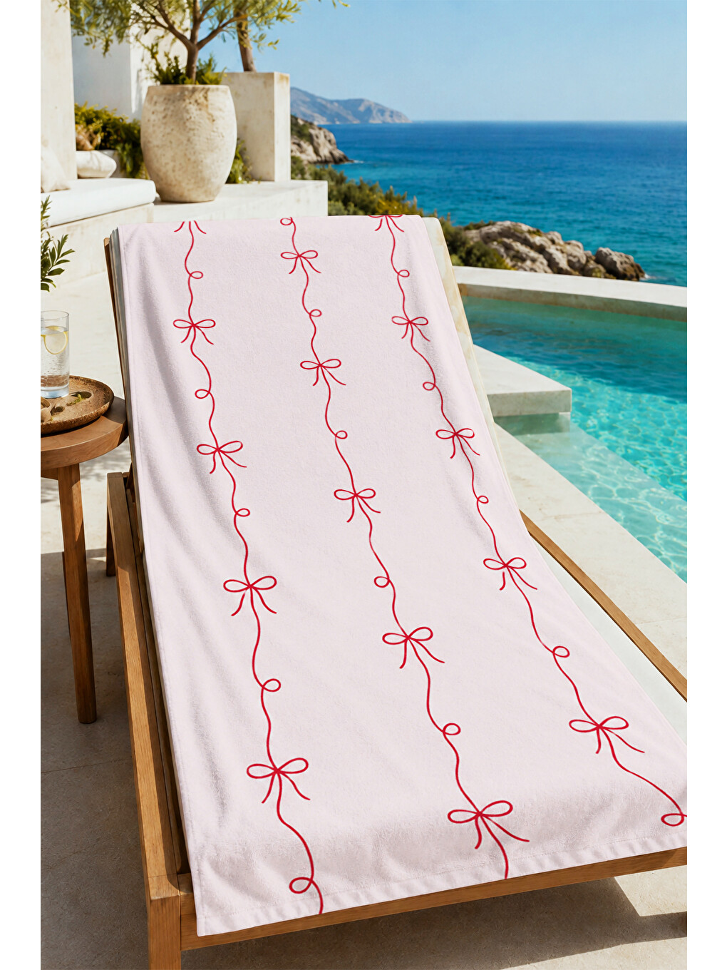 Romantik Pembe Mini Kurdele Çizgili Desenli 70x150 Plaj Havlusu - Dijital Baskılı Banyo Havlusu-1