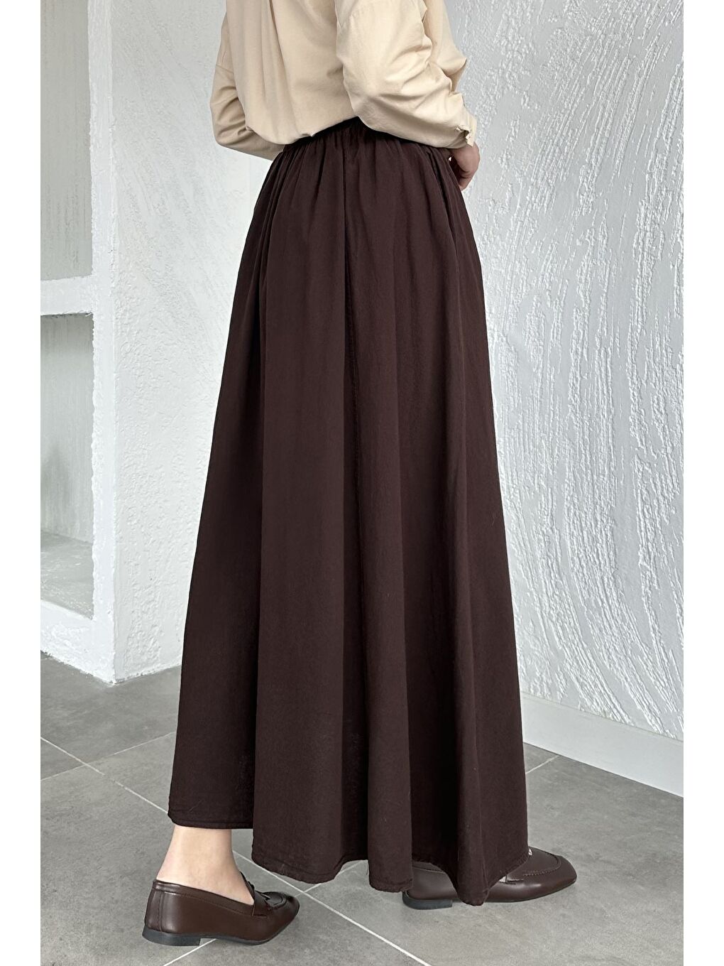 Kahverengi Bel Lastikli Cepli Tesettür Etek-4