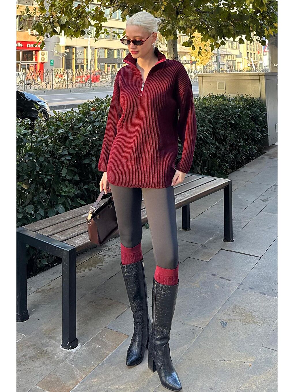 Bordo Fermuar Yaka Basic Kazak Mg1960-7