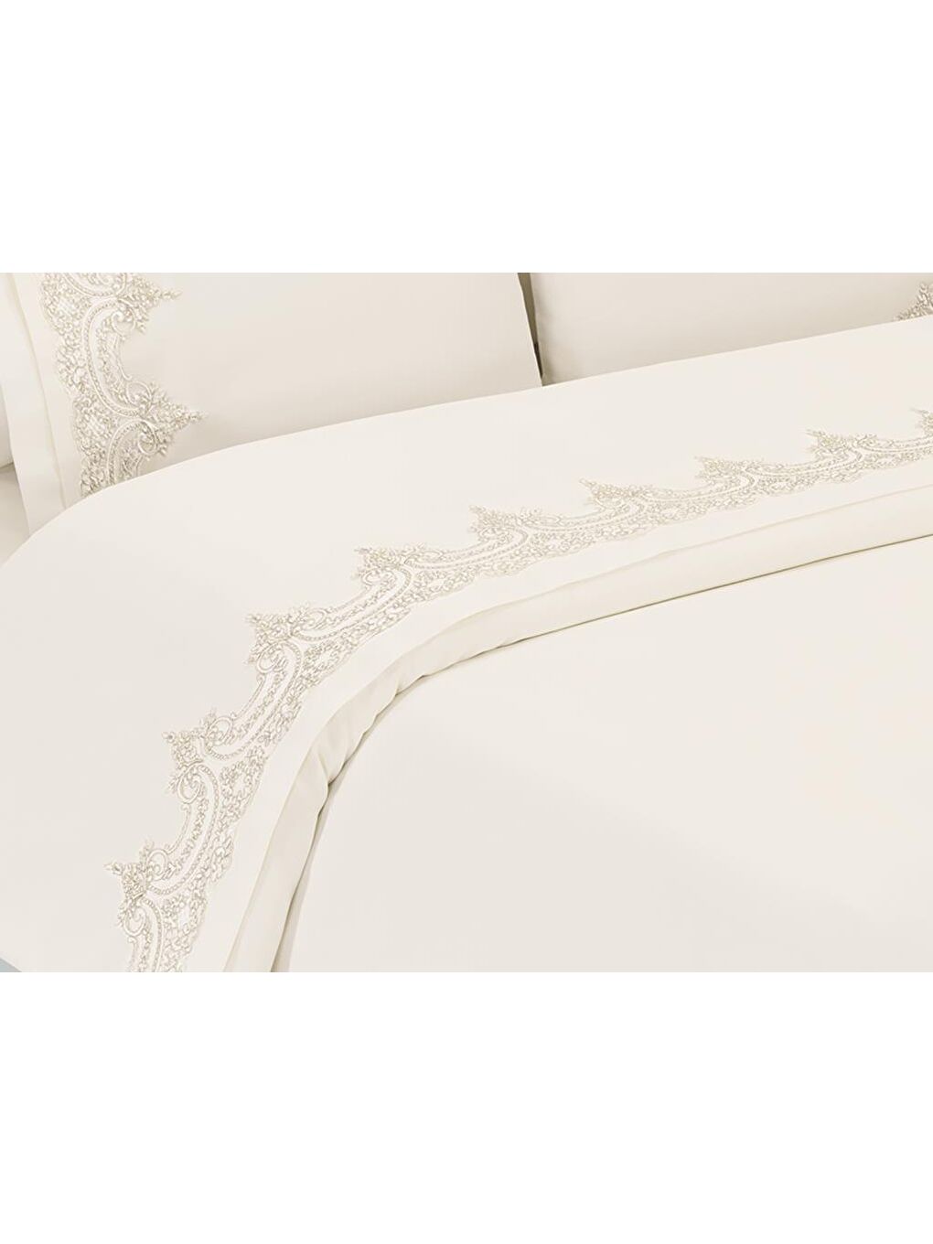 Ekru Şevval Fransız Güpürlü Çeyizlik Nevresim Takımı Krem-2