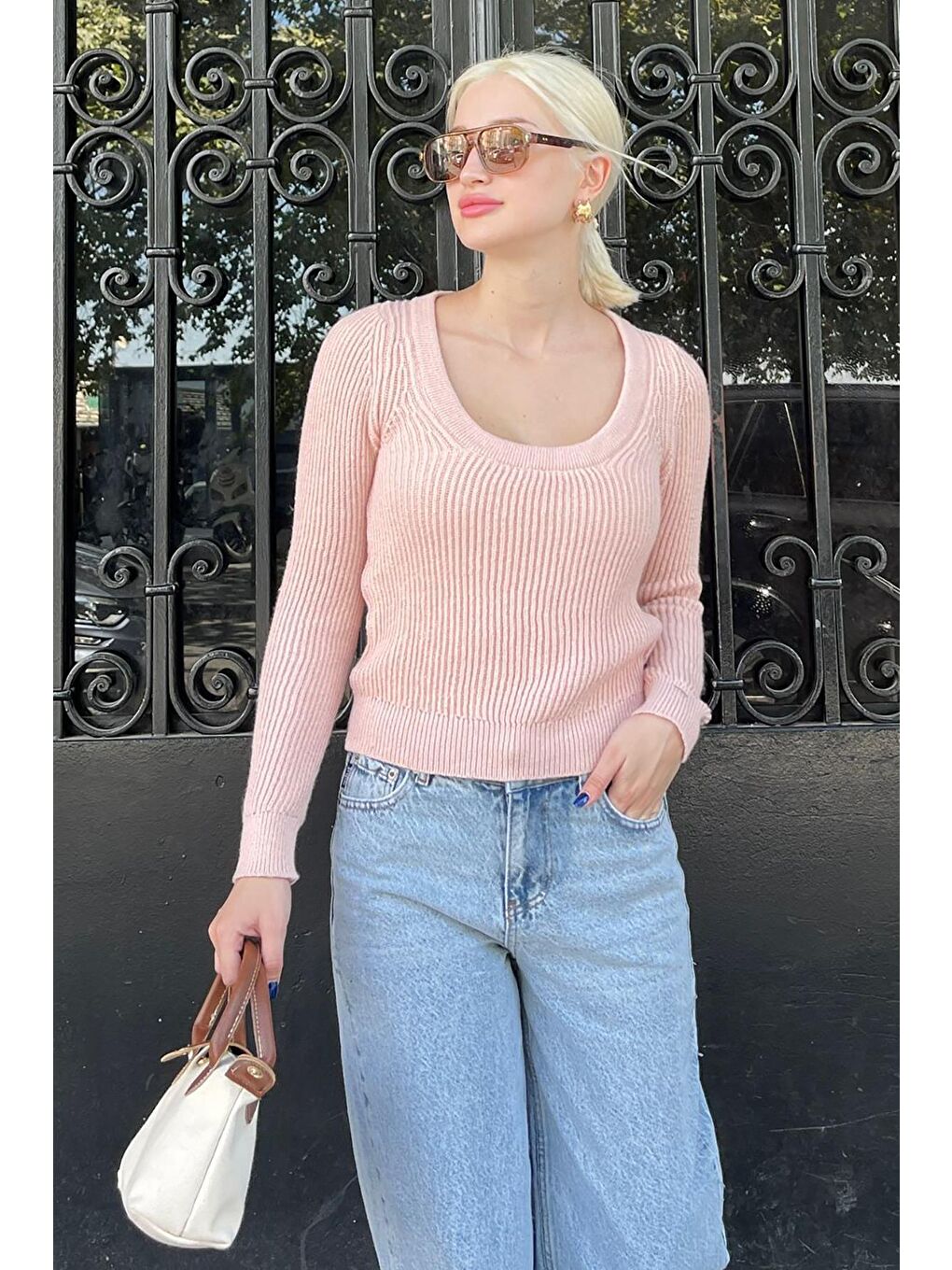 Pembe Pudra Bisiklet Yaka Basic Örme Kazak Mg2189-4