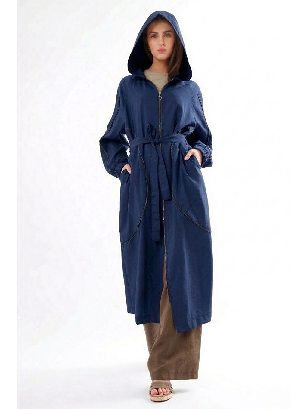 Kolu ve Önü Fermuar Detaylı Kapüşonlu Safari Kap Ceket 816 Lacivert-2