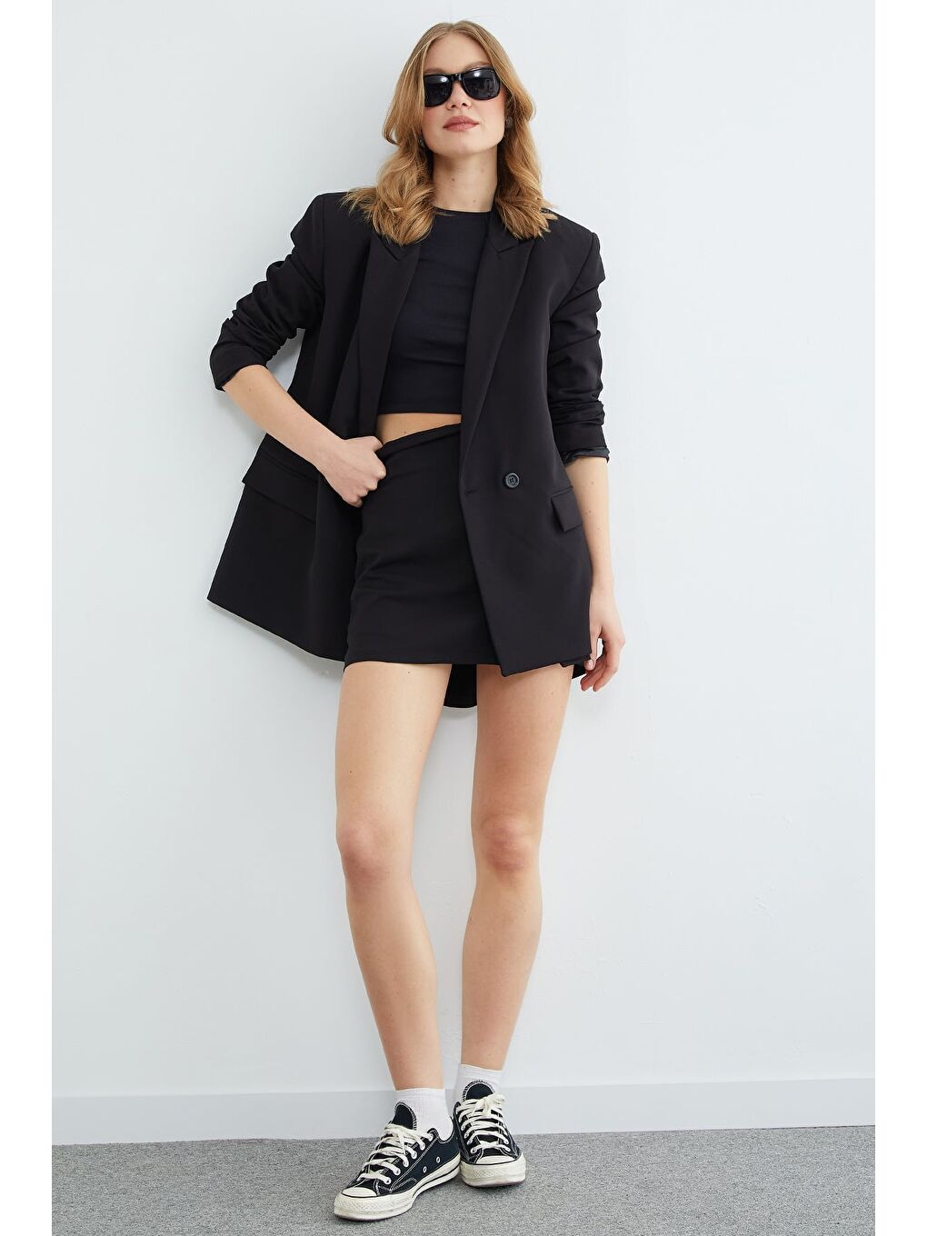 Siyah Kruvaze Kapama Oversize Blazer Ceket