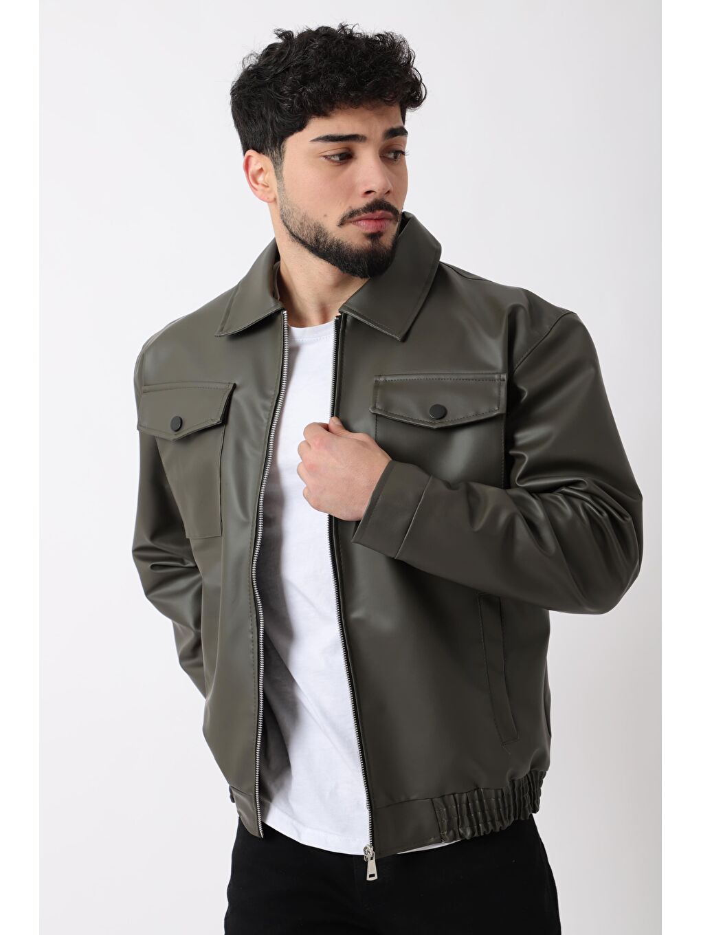 Haki Bel Lastikli Kapaklı  Suni Deri Mont PLDP 2998_50447