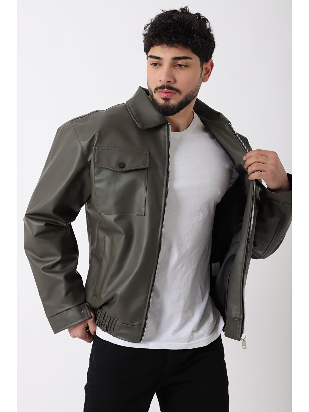 Haki Bel Lastikli Kapaklı  Suni Deri Mont PLDP 2998_50447-1