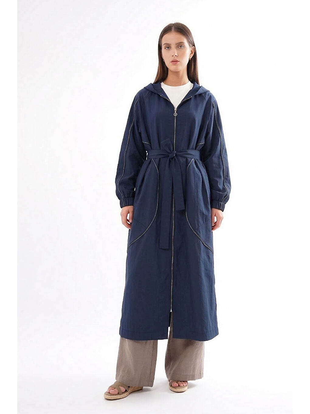 Kolu ve Önü Fermuar Detaylı Kapüşonlu Safari Kap Ceket 816 Lacivert-3