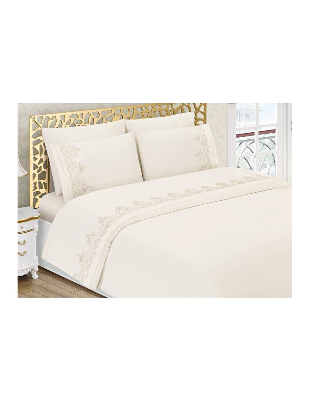 Ekru Şevval Fransız Güpürlü Çeyizlik Nevresim Takımı Krem-4