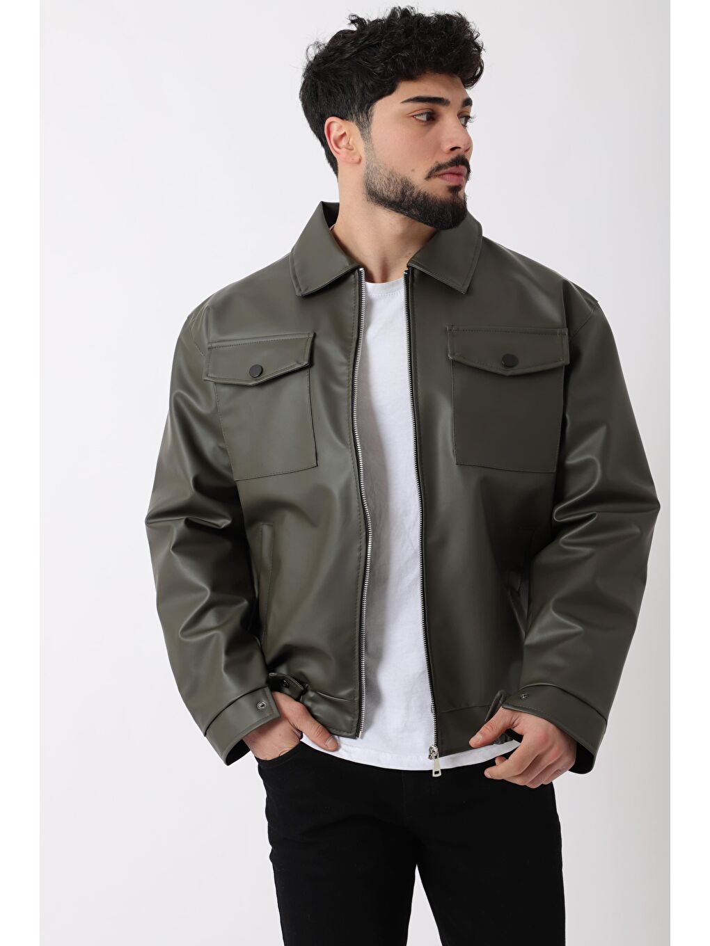 Haki Bel Lastikli Kapaklı  Suni Deri Mont PLDP 2998_50447-2