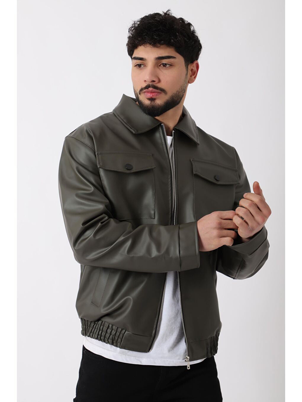 Haki Bel Lastikli Kapaklı  Suni Deri Mont PLDP 2998_50447-3