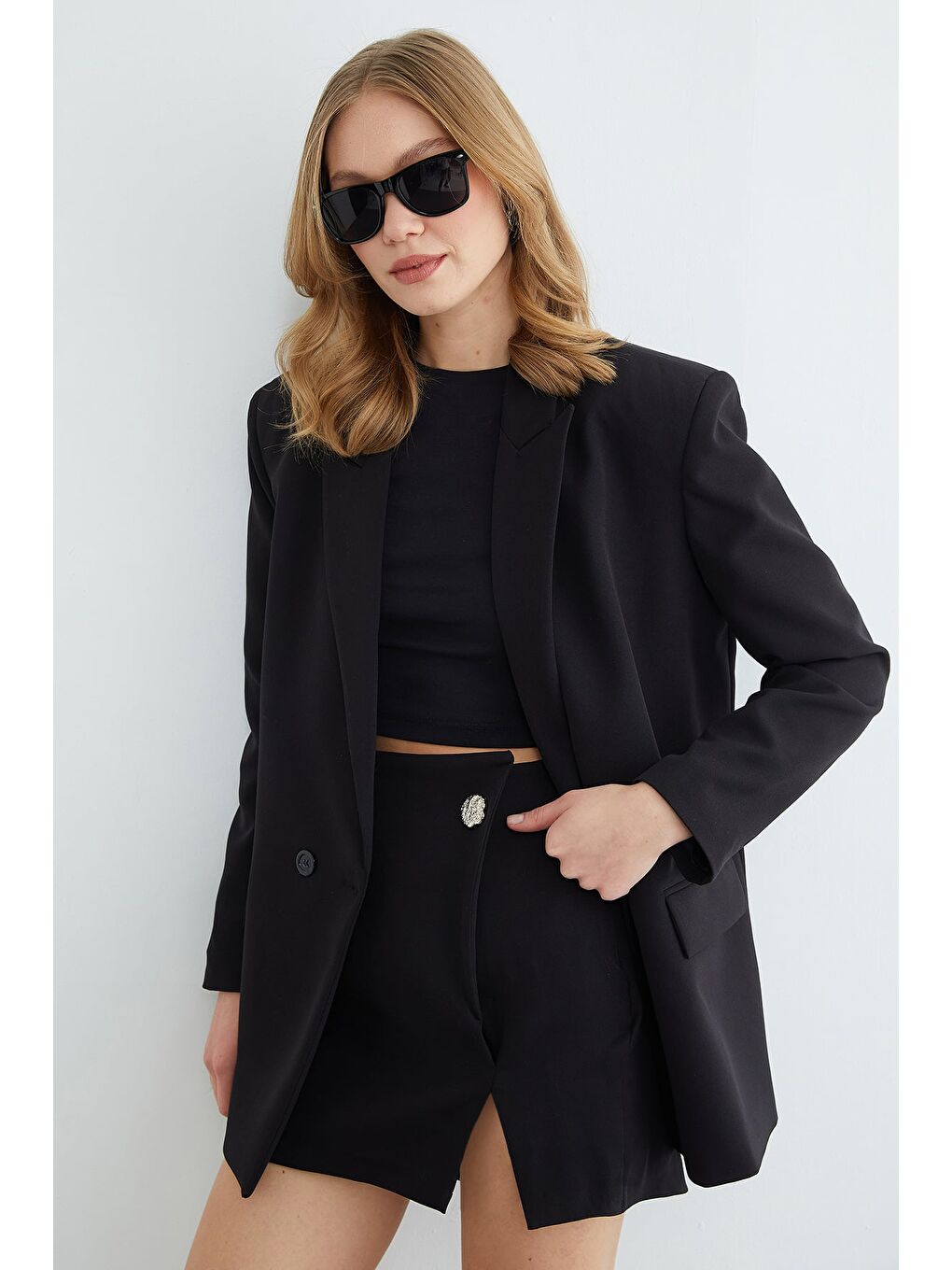 Siyah Kruvaze Kapama Oversize Blazer Ceket-2