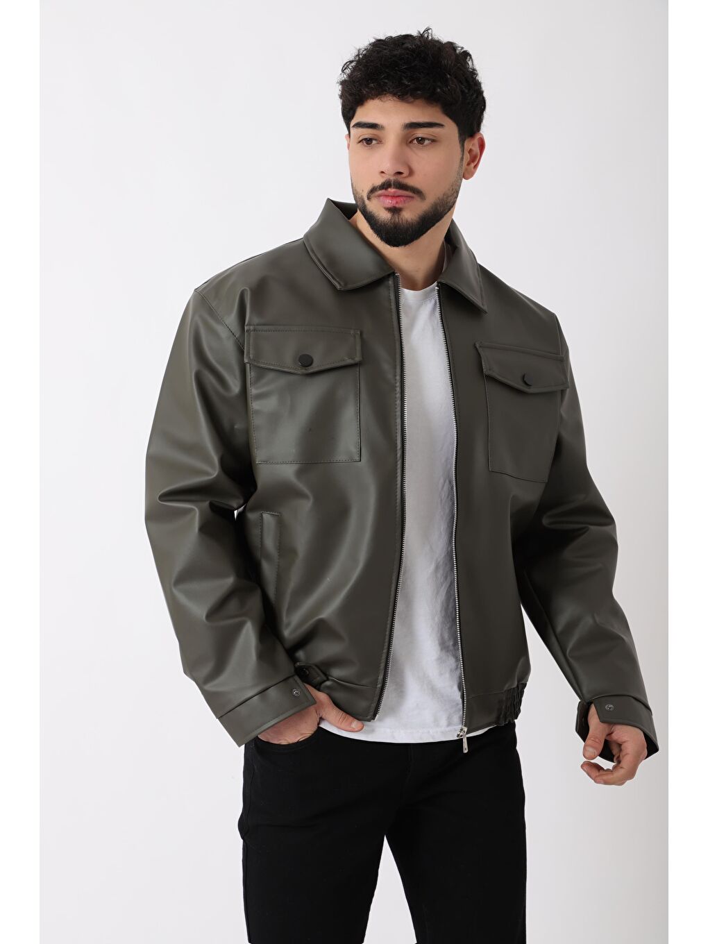 Haki Bel Lastikli Kapaklı  Suni Deri Mont PLDP 2998_50447-4